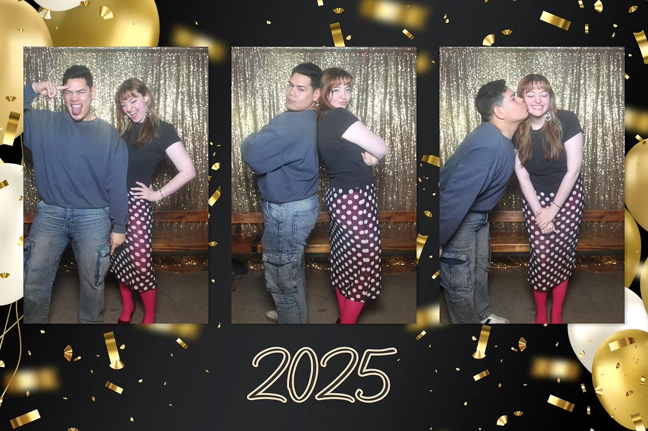 Three-panel 2025 event photo experience with guests posing against a glitter backdrop.