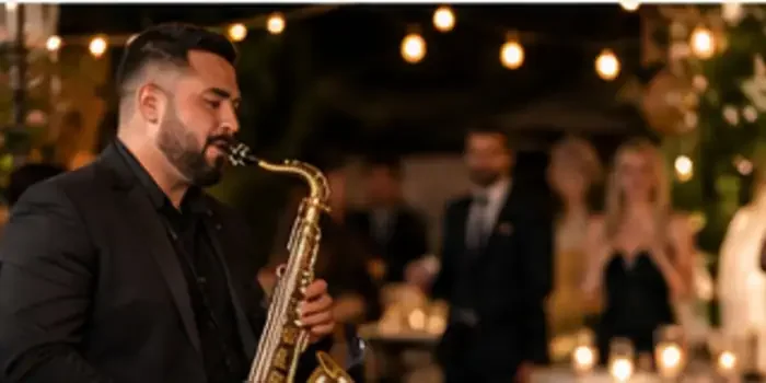 A professional saxophonist performing in a polished event setting.