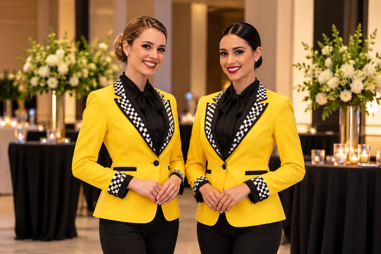 Two event hosts in tailored yellow jackets with checkerboard accents at a corporate reception.
